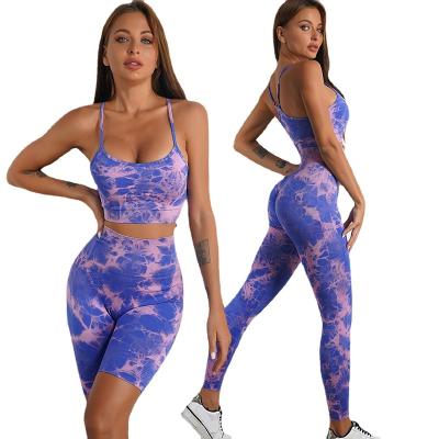 China Seamless Custom 4 Pieces Outfits Seamless Tie Dye Gym Wear Fitness Leggings Yoga Crop Top Shirt Women Workout Shorts Sets for sale