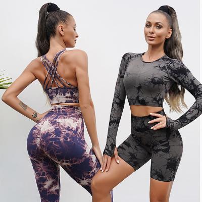 China Seamless Custom 4 Pieces Outfits Fitness Pants Tie Dye Athletic Wear Gym Workout Top Running Leggings Activewear Wholesale for sale