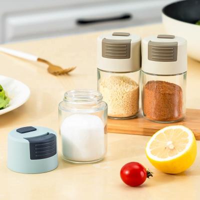 China Kitchen Viable Sealed Spice Glass Bottle Pot Moisture Proof Control Push Type Salt Shaker Regulator Salt Shaker for sale