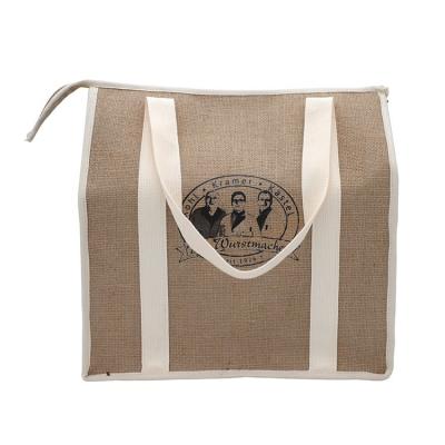 China Waterproof Jute Cooler Bag With Foam Insulation.Insulated Thermal Grocery Bag For Food Delivery, Travel, Beach for sale