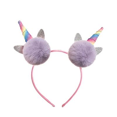 China Unicorn Hair Band Girls Holiday Rainbow Plush Ball Kids Accessories Casual Headband Custom for sale