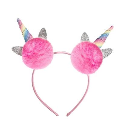 China Cute Sweet Korean Casual Pom Pom Ball Hairband Fancy Unicorn Headdress Rainbow Headband for Babies for sale