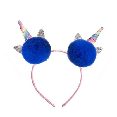 China Hot Sale Headband 2022 Rainbow Unicorn Hair Band For Girls Holiday Plush Ball Kids Accessories Casual Blue for sale