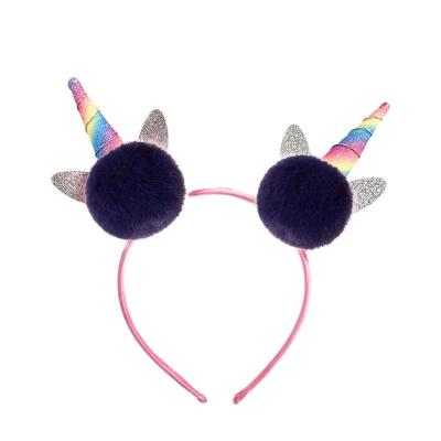 China Cute Cartoon Hair Accessories Kids Headband Unicorn Rainbow Hair Band Headwear Casual Korean Cute Plush Ball For Kids Party Festiva for sale