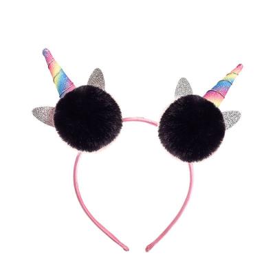 China Unicorn Black Plush Ball Casual Headband Children Headband Girls Party Cartoon Headwear Hair Band for sale