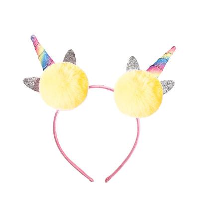 China Cute Plush Casual Yellow Ball Hair Band For Kids Party Festiva Korean Cute Cartoon Kids Headband Unicorn Rainbow Hair Band Headwear for sale