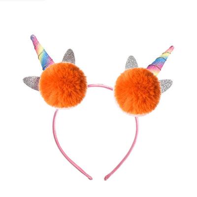 China Orange Unicorn Plush Ball Kids Headband Pompom Hair Band Girls Headband Party Casual Rainbow Headwear for sale