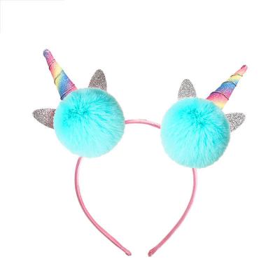 China Party Headwear Girls Casual Unicorn Headband Sky Blue Plush Ball Kids Headband Hair Band for sale