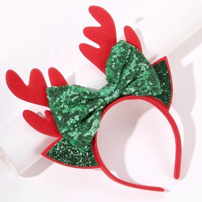 China Christmas Antler Green Sequin Bow Headband Holiday Party Headwear Red Antler Headband With Sequins for sale