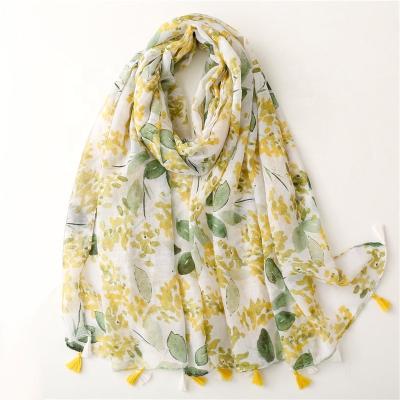 China 2022 Spring Style Eco-Friendly Summer Scarf Floral Leaf Printed Shawl Lady Modern Hijabs Comfy Wide Head Wrap Tassel Scarf for sale