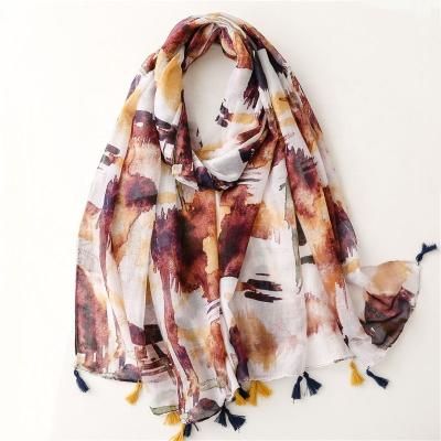 China Brown Flower Print Summer Eco-Friendly Scarves For Women Vacation Long Scarf With Tassel Lady Wraps Spring Shawl Casual Summer Hijab for sale