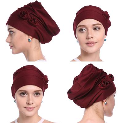 China Muslim Fashion Women Hat Hijab Turban Covers Headscarf Islam Soft Solid Elastic Cotton Flower Cotton Wrap Arab Head Hood Headwear for sale