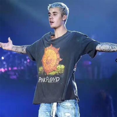 China Justin Bieber Helios Vintage Loose Short Sleeve Men's Washed T Shirt High Street Tee Design Rock Anti Shrink Tee for sale