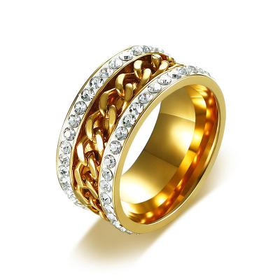 China New product surface width 11MM stainless steel AAA zircon chain can rotate ring fashion gold ring for sale