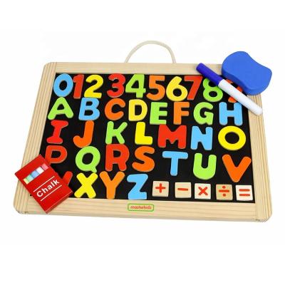 China Wholesale Wooden Learning Toy Pine Wood Alphabets And Numbers Learning Game 2 Sided Drawing Board For Kids for sale