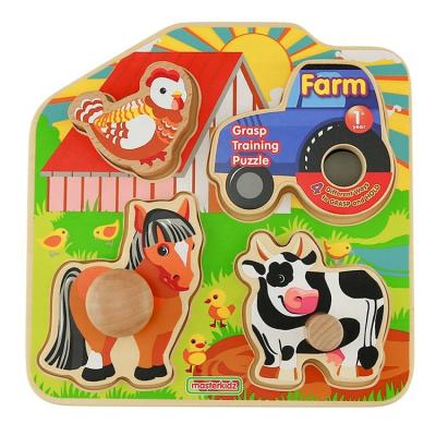 China Cartoon Toy Children Animal Recognition Board 3D Button Puzzles Wooden Farm Theme Puzzles For Infant for sale