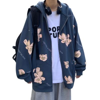 China Breathable Hip Hop Loose Casual Bear Tie Dyed Hooded Cardigan Jacket Couples Suit for sale