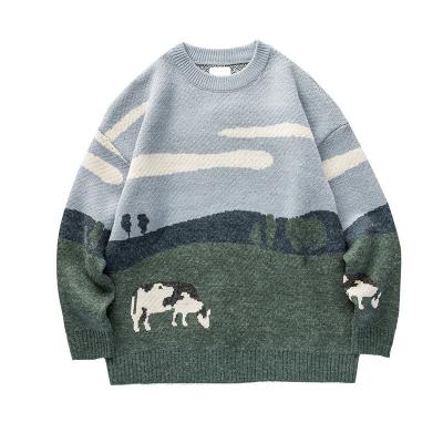 China QUICK DRY Printing High Street Mens Oversized Sweater Green Loose Vintage Knitted Sweater for sale