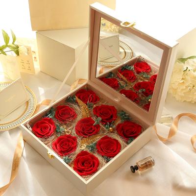 China Preserved New Roses Gift Idea PU Mirror Gift Box Inside With 4-5cm Blooming Kunming Preserved Roses for sale