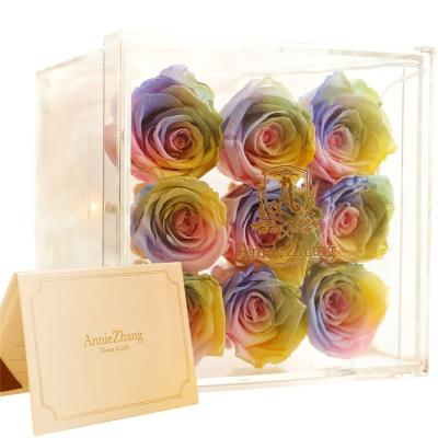 China Environmental Protection Green Luxury Acrylic Box With Forever Colorful Preserved Roses Flower for sale