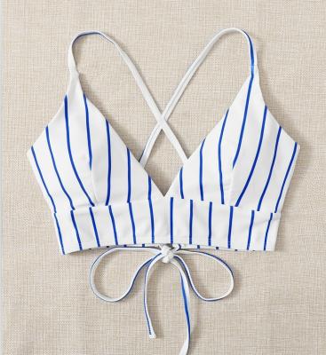 China Breathable Swimwear Tops One Piece Bikini Women Retro Bikini Tops Striped Print Swimwear Tops With Bow Tie for sale