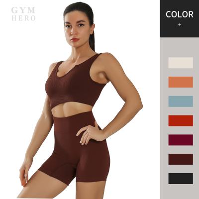 China Wholesale Anti-Static Fitness Yoga Wear Women Sports Suit Sportswear Crop Tops Running Seamless Gym Shorts Set for sale