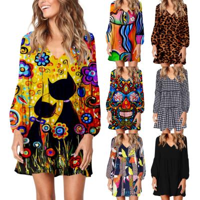 China 2022 New Fashion V Collar Print Skirt Anti-Static Sweet Women Spring Elegant Leopard Floral Casual Dress Sweatshirt Women à venda