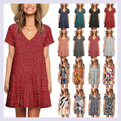 China 2022 summer fashion design sale women's dresses hot anti-static casual canvas v-neckline short sleeve dress Te koop