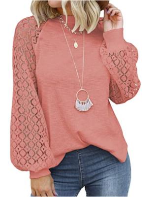 China Anti-Wrinkle Hollowed Out Full Long Sleeves Round Neck Lady Pullover Shirt Lace Patchwork Knitted Women Office Blouse Daily Wear T-Shirt à venda