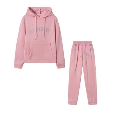 China Custom Rhinestone Logo Diamond Track Pants Joggers And Anti-wrinkle Hoodies Sweatsuit For Women Tracksuit 2 Piece Set for sale