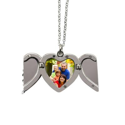 China Hiphop Personalized Sublimation White Angel Wings Heart Lockets Pendant Necklace for sale