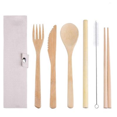 China Sustainable Nature Wooden Bamboo Cutlery Set Travel Utensil Set Knife Fork Spoon Straw With Bag for sale