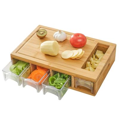 China Viable Bamboo Cutting Board with Large 4 Container Chopper with Juice Grooves for sale