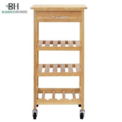 China OEM 3 Tier Convenient Kitchen Serving Cart Bamboo Storage Island Cart With Wheels for sale