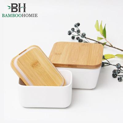 China Large Disposable Butter Dish - Porcelain Keeper With Wooden Box Ceramic Black Square Butter Dish Dish Beech Lid Solid Model Acceptalbe for sale