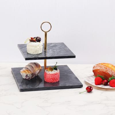 China Wholesale Viable Dessert Stand Marble 2 Layer Metal Cake Tray Cake Stand Tray for sale