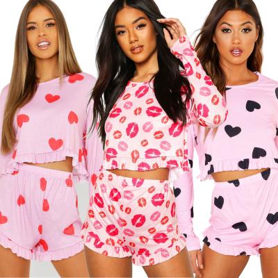 China American Cute QUICK DRY Lip Heart Pattern Printed Long Sleeve Short Pink Women's 2 Piece Pajama Sets for sale