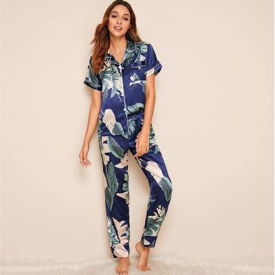 China 2021 Hot Selling QUICK DRY Flower Printing Long Sleeve Women Sleepwear Sets 2Pcs Set Silk Pajamas for sale