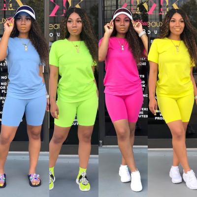 China Anti-pilling hot sale 9171 women clothing cotton shorts sleeves neon two pieces shorts sets 2 piece women casual outfit for sale