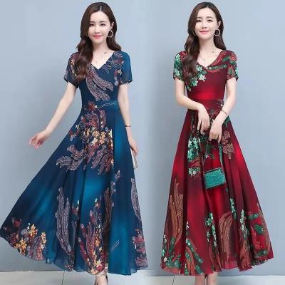 China 2021 Anti-Static New Printed Over-the-Knee V-Neck Big Swing Dress Waist Long Slimming Mother Dress Women Middle-aged Dresses Elegant for sale