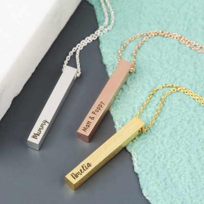 China FASHIONABLE Personalized Vertical 3D Bar Necklace Gold Custom Diy Name Engrave Long Bar Pendant Necklace for sale