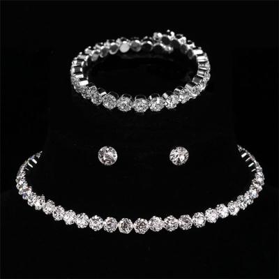 China Brilliant Bridal Nickel Free Rhinestone Jewelry Set Round Full Rhinestone Bracelet Earrings And Necklace Three Piece Women Jewelry Set for sale