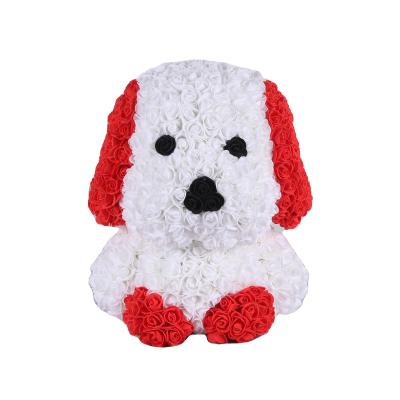 China Fashional Gift Red Black White PE Rose Sitting Dog Teddy Bear With Big Ears In Gift Box for sale