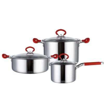 China New viable spray-painted red handle thickened stainless steel milk pot soup pot three-piece pan for sale