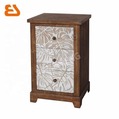 China 3 Drawer Distressed Wooden Cabinet with CNC Lotus Leaf Pattern for Indoor Use for sale