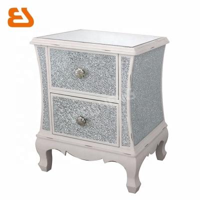 China Crackle Glass 2 Drawer Crack Glass Bedside Table With White Wood Trims For Bedroom Use for sale