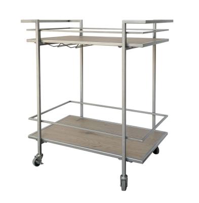 China DISMANT Hot Sale 2020 New Design Brushed 2 Tier Silver Metal And Wooden Bar Cart With Caster for sale