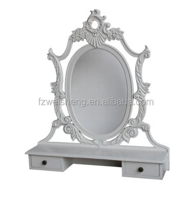 China Handcrafted white baroque table top mirror wooden frames with 2 drawers for bedroom use for sale