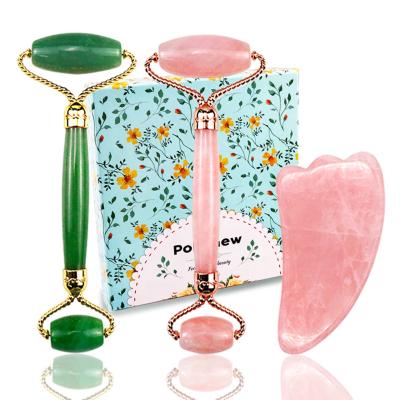 China Anti Aging Natural Green Rose Quartz Pink Jade Roller Gua Sha Set From Supplier Portable Face Lift Factory Best Selling for sale