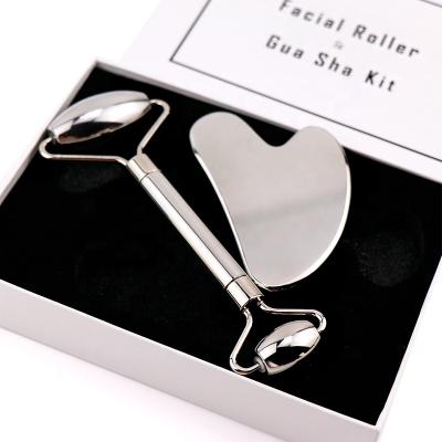 China Factory Wholesale Portable Stainless Steel Beauty Metal Massage Gua Sha Heart Shaped Roller Face Roller Set for sale